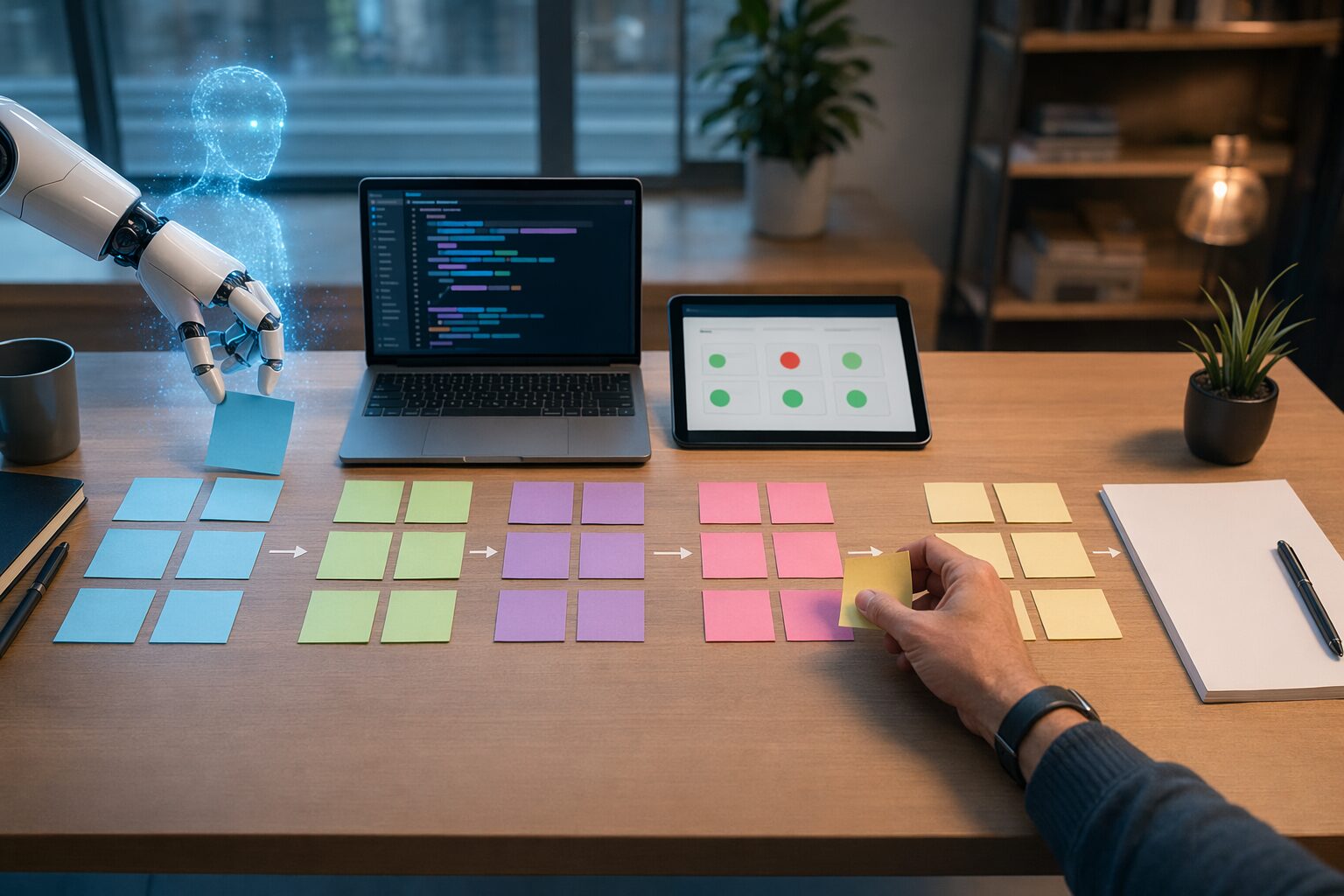 Software developers collaborating with AI-powered workflow tools