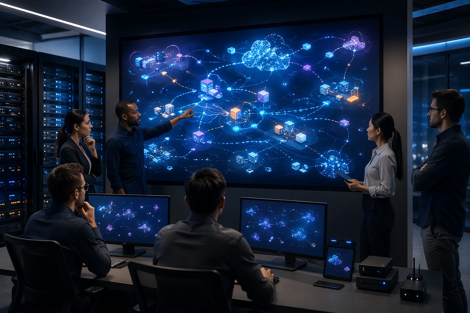 Platform team reviewing cloud and on-prem workload maps